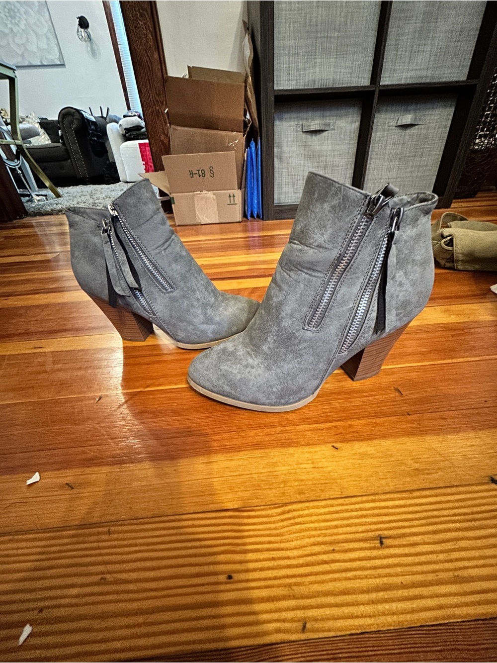 Gray Suede Ankle Booties with Side Zipper